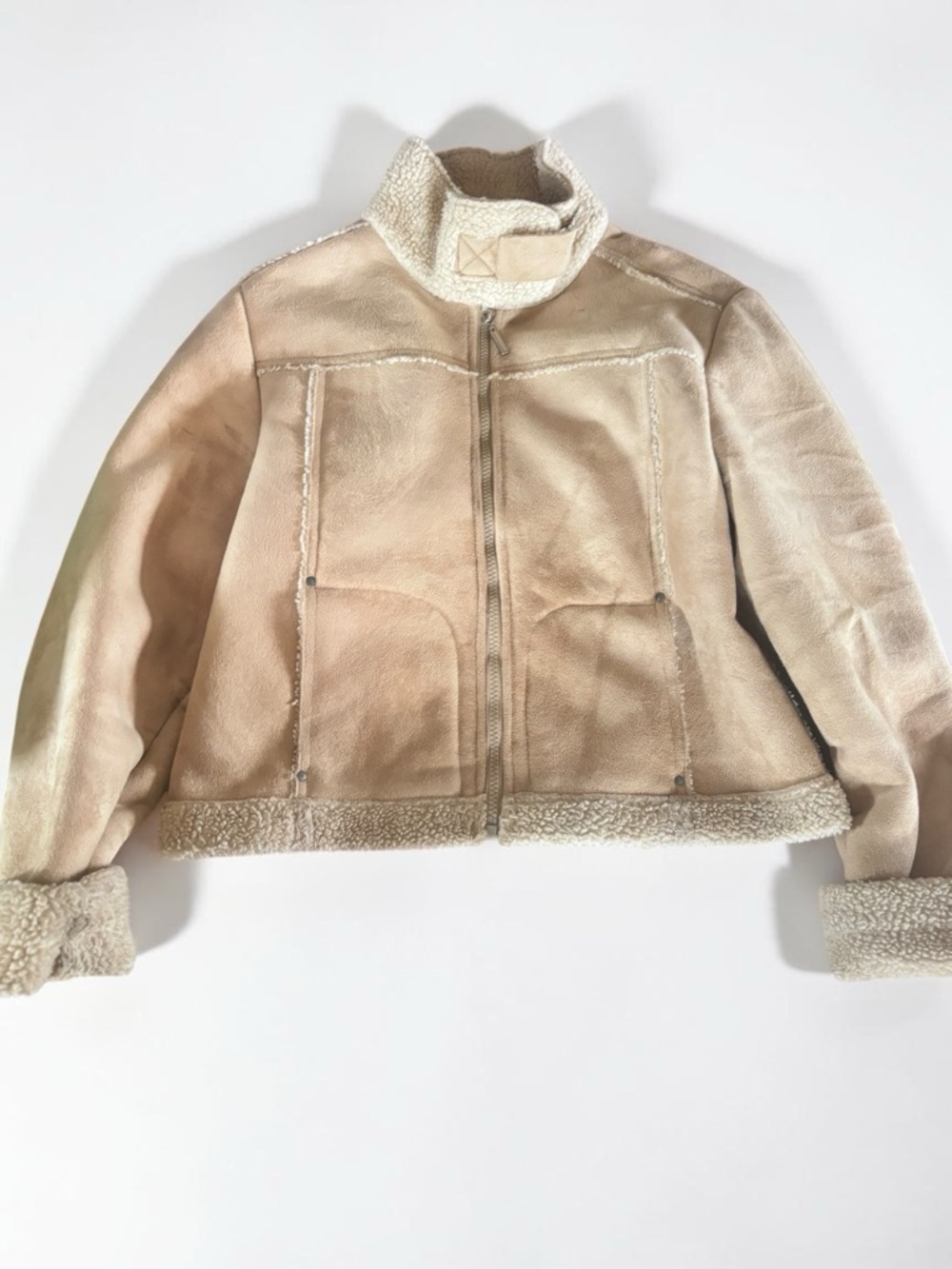 Y2K Faux Suede Sherpa Jacket Womens Medium Beige Short Zip Coat Gift